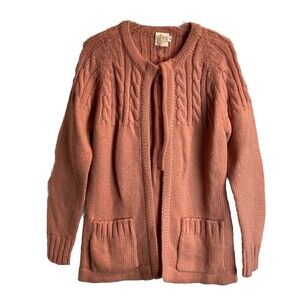 Vintage Cable Knit Cardigan Open Front Tie Closure Wool Blend Cottagecore Sz M